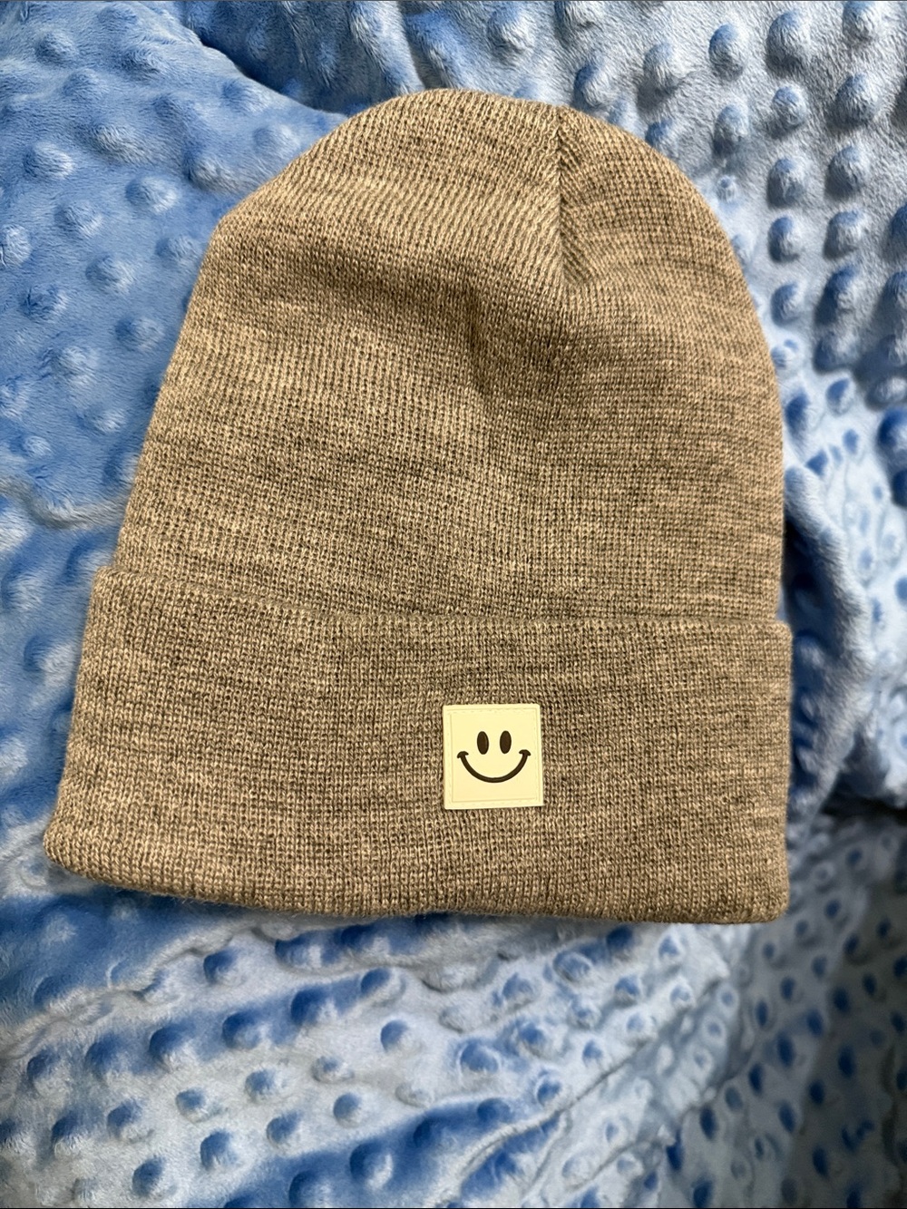 Smiley Patch Beanie Hat - Tan